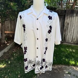 Vtg Pineapple Connection Shirt Ivory Floral Hawaiian Tropical Men's Large *FLAW*